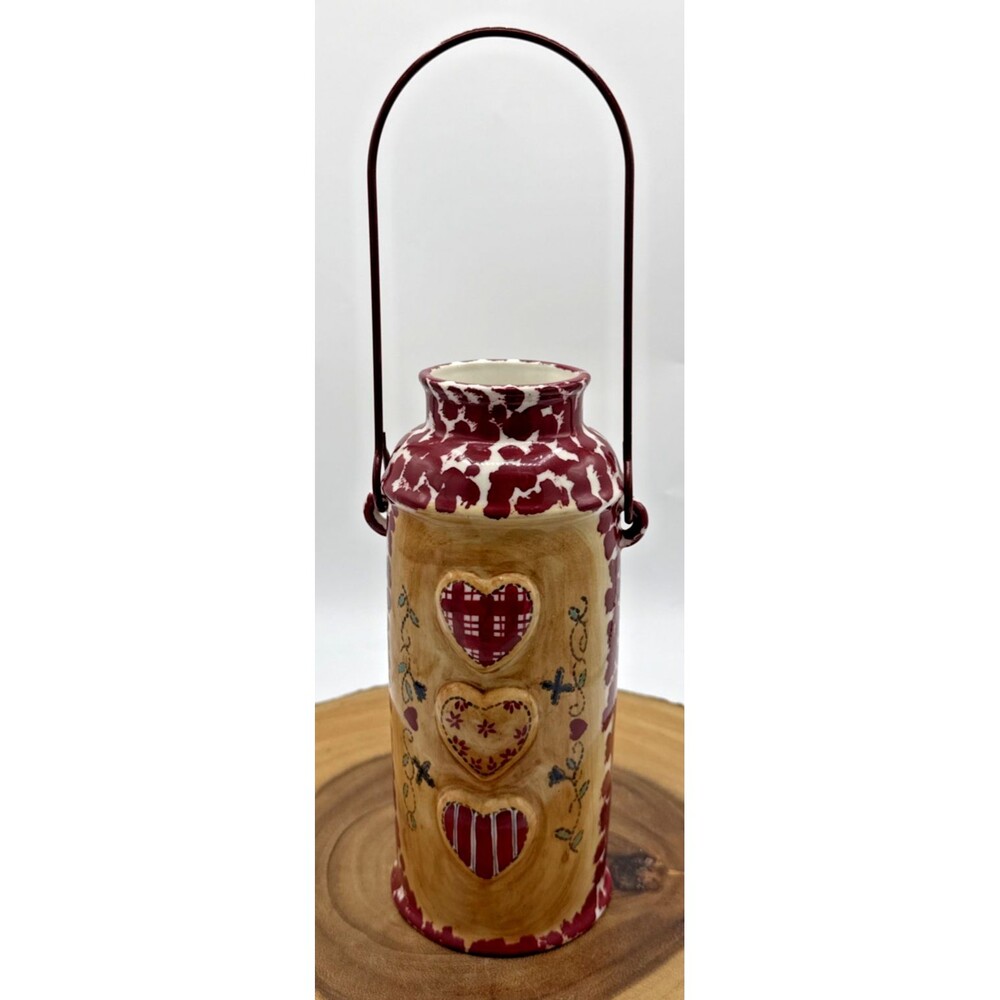 Vintage Russ Berrie Patchwork Hearts Country Decor Vase/Utensil Holder Jug 8.5”